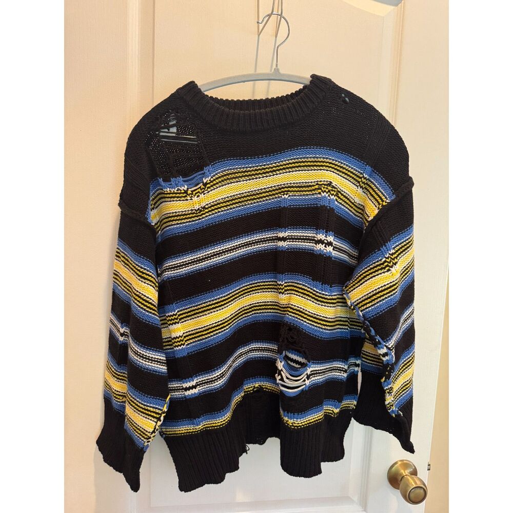 Timing NWOT Distressed Striped Knit Sweater - Black Blue Yellow - Size Small